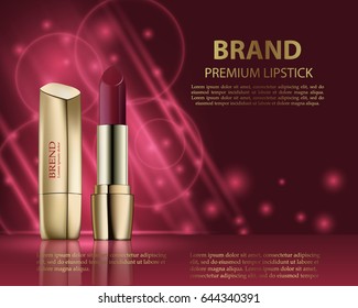 Fashion cosmetic lipstick ads with red background and golden powder elements in 3d illustration. Banner graceful cosmetic lipstick vector ad. Hydrating facial lipstick for annual sale or festival sale