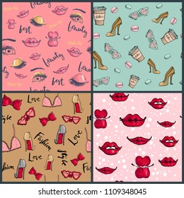 Fashion cosmetics accessories seamless pattern vector colors bright pink stylish fashioned vintage motive pastel illustration.