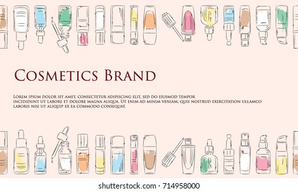 Fashion cosmetics background with make up artist objects. Vector hand drawn illustration with place for text