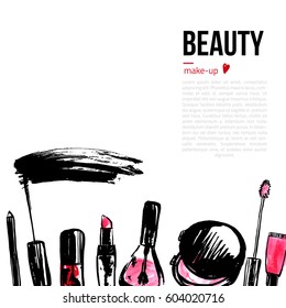 Fashion Cosmetics background with make up objects. With place for your text. Glamour women style