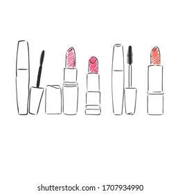 Fashion cosmetics . Beauty cosmetics make up set. Hand drawn make up design elements. Fashion make up illustration