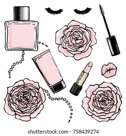 Fashion cosmetics . Beauty cosmetics make up set. Hand drawn make up design elements. Fashion make up  illustrations. Pink parfum botlle, lipstick, cream, eyelashes, mascara. Vector.