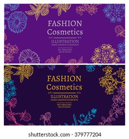 Fashion cosmetics flowers and herbs vintage hand drawn template banner vector illustration 