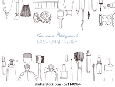 Fashion cosmetics horizontal background with make up artist objects. Vector hand drawn illustration with place for text.