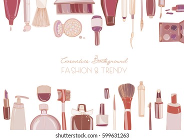 Fashion cosmetics horizontal background with make up artist objects. Vector hand drawn illustration with place for text.