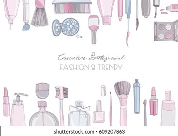 Cosméticos de moda horizontales con objetos de maquillaje. Ilustración colorida dibujada a mano vectora con lugar para texto.