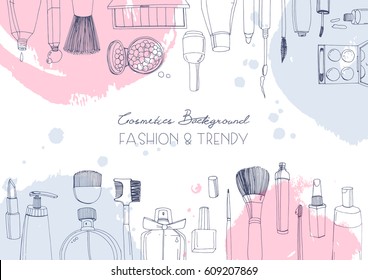 Fashion cosmetics horizontal background with make up artist objects and watercolor spots. Vector hand drawn illustration with place for text.