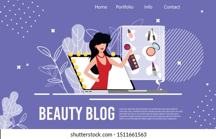 Fashion and Cosmetics Review Beauty Blog Flat Landing Page. Trend Makeup Tutorial and Video Content. Online Blogging Consultant. Internet Influencer. Vector Woman Blogger on Laptop Illustration
