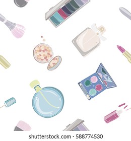 Fashion cosmetics seamless pattern  with make up artist objects. Colorful vector hand drawn illustration.