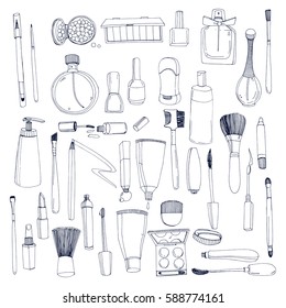 Fashion cosmetics set  with make up artist objects. Contour vector hand drawn illustration collection.