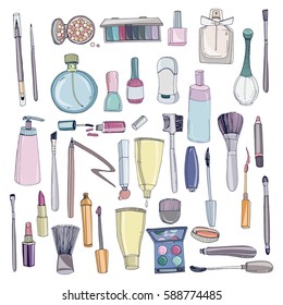 Fashion cosmetics set  with make up artist objects. Colorful vector hand drawn illustration collection.