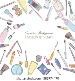 Fashion cosmetics square background with make up artist objects. Vector hand drawn frame with place for text.