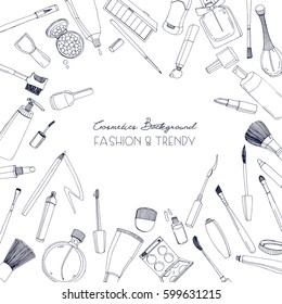 Fashion cosmetics square background with make up artist objects. Vector hand drawn illustration with place for text.
