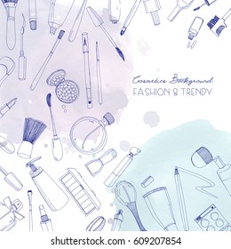 Fashion cosmetics square background with make up artist objects and watercolor spots. Vector hand drawn illustration with place for text.