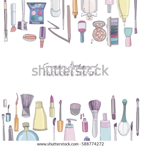 Fashion cosmetics square background with make up artist objects. Vector hand drawn illustration with place for text.