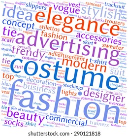 fashion and costume tag word cloud background.