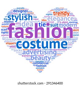 fashion and costume tag word cloud background.