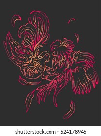 Fashion couple of broody girl and rooster boy hipsters, Valentine Day symbol. Colorful birds on dark background. From the strong passion the feathers fly away. It can be used for print poster or other