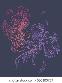 Fashion couple of broody girl and rooster boy hipsters, Valentine Day symbol. Colorful birds on violet background. From the strong passion the feathers fly away. It can be used for print poster