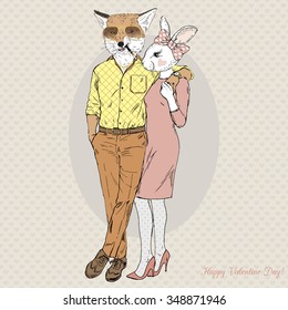 fashion couple of cool fox boy and cute bunny girl, Valentine Day design