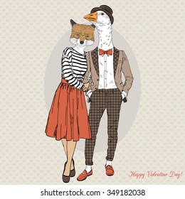 fashion couple of foxy girl and goose boy hipster, Valentine Day design
