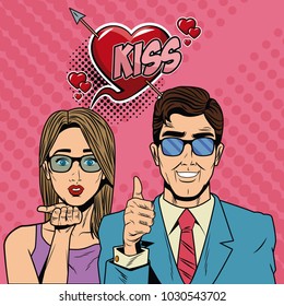 Fashion couple with speak bubble pop art cartoon