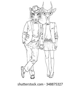 fashion couple of tiger boy and antelope girl, Valentine Day design