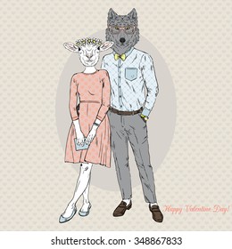 fashion couple of wolf boy and sheep girl, Valentine Day design