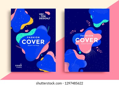 Fashion covers set with fluid shapes and geometric elements. Vector template for poster, flyers. Memphis illustration.