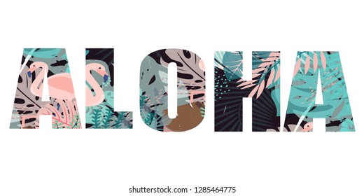 fashion creative print word aloha for clothes, pink flamingo, jungle background, hand drawn watercolor vector illustration