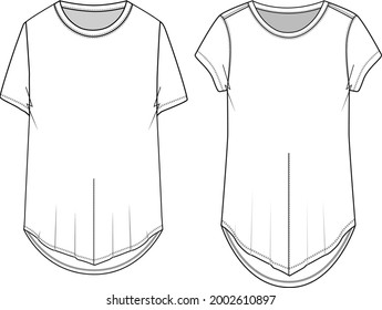 Fashion crew neck front hem v shape with stitch top t-shirt technical drawing flat sketch