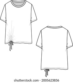 Fashion crew neck front side hem knotted top technical drawing flat sketches design vector