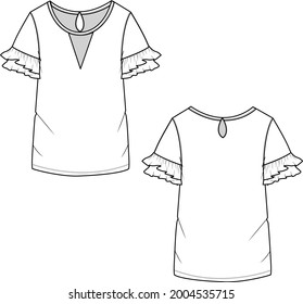 Fashion Crew neck v open layered ruffle sleeve back keyhole top technical flat sketch drawing template