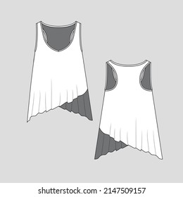 fashion criss cross hem sleeveless top racer back  fancy  hem vest  flat sketch drawing template design vector