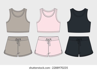 FASHION CROP TOP AND SHORTS FOR GIRLS. FLAT SKETCH TECHNICAL TEMPLATE