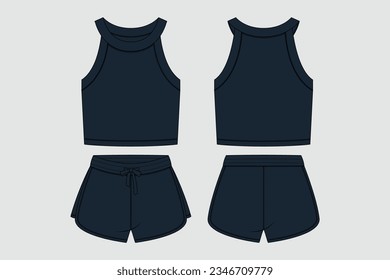 FASHION CROP TOP AND SHORTS SET. CROP TOP TANK AND SHORT PANTS. TECHNICAL DRAWING TEMPLATE