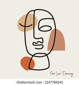 Fashion Cubism One line drawing human face with organic shapes. Aztec Abstract female portrait. Vector lines modern poster, logotype, minimalistic style, linear art, t shirt print.