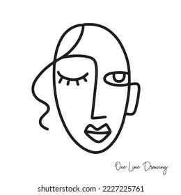 Fashion Cubism One line drawing human face with organic shapes. Aztec Abstract female portrait. Vector lines modern poster, logotype, minimalistic style, linear art, t shirt print.