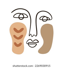 Fashion Cubism One line drawing human face with organic shapes. Aztec Abstract female portrait. Vector lines modern poster, logotype, minimalistic style, linear art, t shirt print.