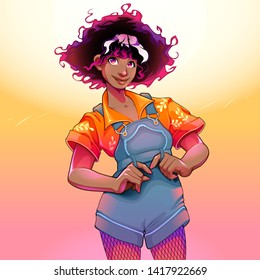 Fashion curly girl posing and smiling. Vector illustration
