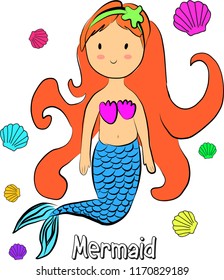 Fashion Cute and beautiful mermais sketch of sea shells illustration. emoji, cartoon character, sketch vector.