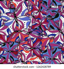 Fashion cute fabric design. Vector vintage hand drawn of beautiful colorful butterflies on a purple, white and blue background. Vector illustration.