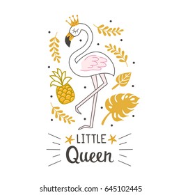 Fashion cute flamingo with hand drawn text. Can used for print design, greeting card, baby shower. Scandinavian style vector illustration.