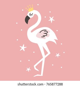 Fashion cute flamingo queen. Can used for print design, greeting card, baby shower. Scandinavian style vector illustration.