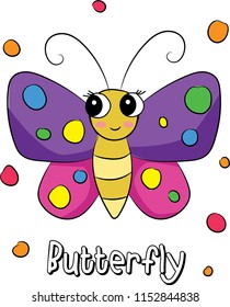 Fashion Cute, funny butterfly has big eyes with sketch of colorful circles illustration. emoji, cartoon character, sketch vector