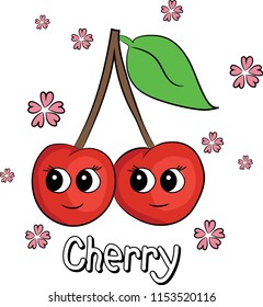 Fashion Cute, funny cherry has big eyes with sketch of cherry flowers illustration. emoji, cartoon character, sketch vector
