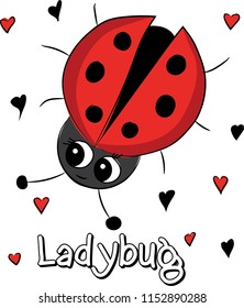 Fashion Cute, funny ladybug has big eyes with sketch of hearts illustration. emoji, cartoon character, sketch vector