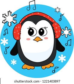 Fashion Cute funny penguin has big eyes with snowflakes and music letters illustration on blue background Cartoon character, sketch vector
