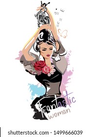 Fashion cute girl sketch with accessories. Beautiful elegant woman. Hand drawn vector illustration.