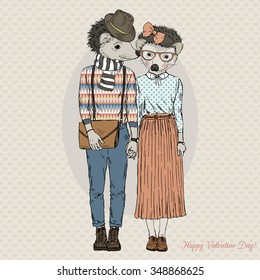 fashion cute hipster couple of hedgehogs, Valentine Day design